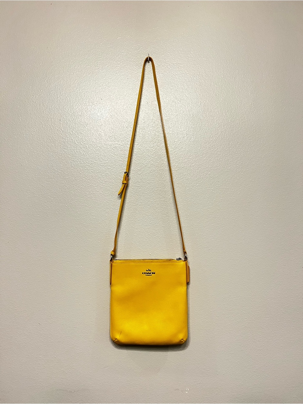Coach Bright Yellow Leather Slim Crossbody Pouch‎ Silver Tone Details